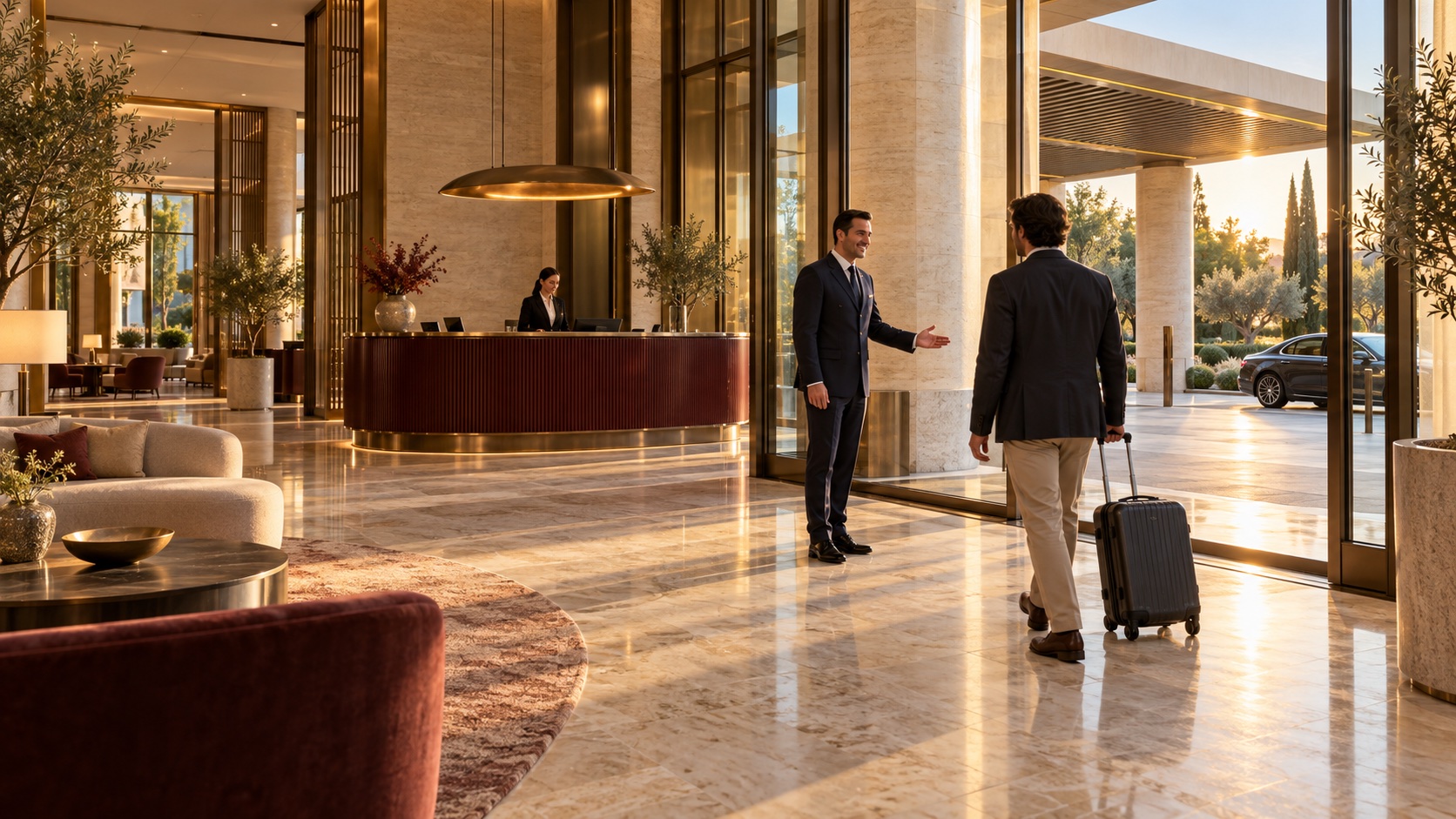 Gün ışığı alan otel lobisinde valizli misafiri karşılayan görevli; temsili görsel.