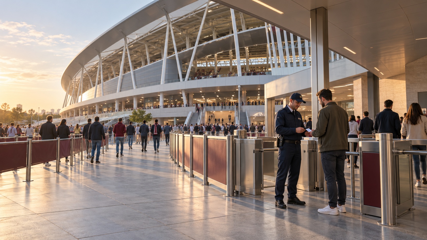 Modern bir stadyumun turnikelerinde ziyaretçiye yardımcı olan güvenlik görevlisi; temsili görsel.